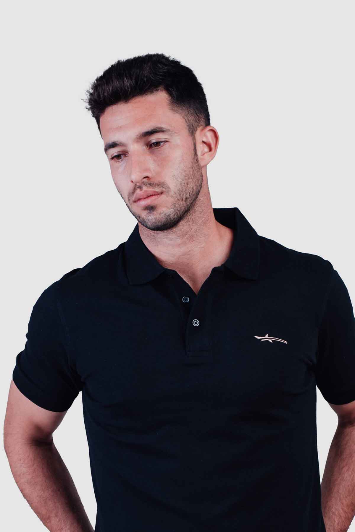 Black Polo Oceanman with small shark logo on chest