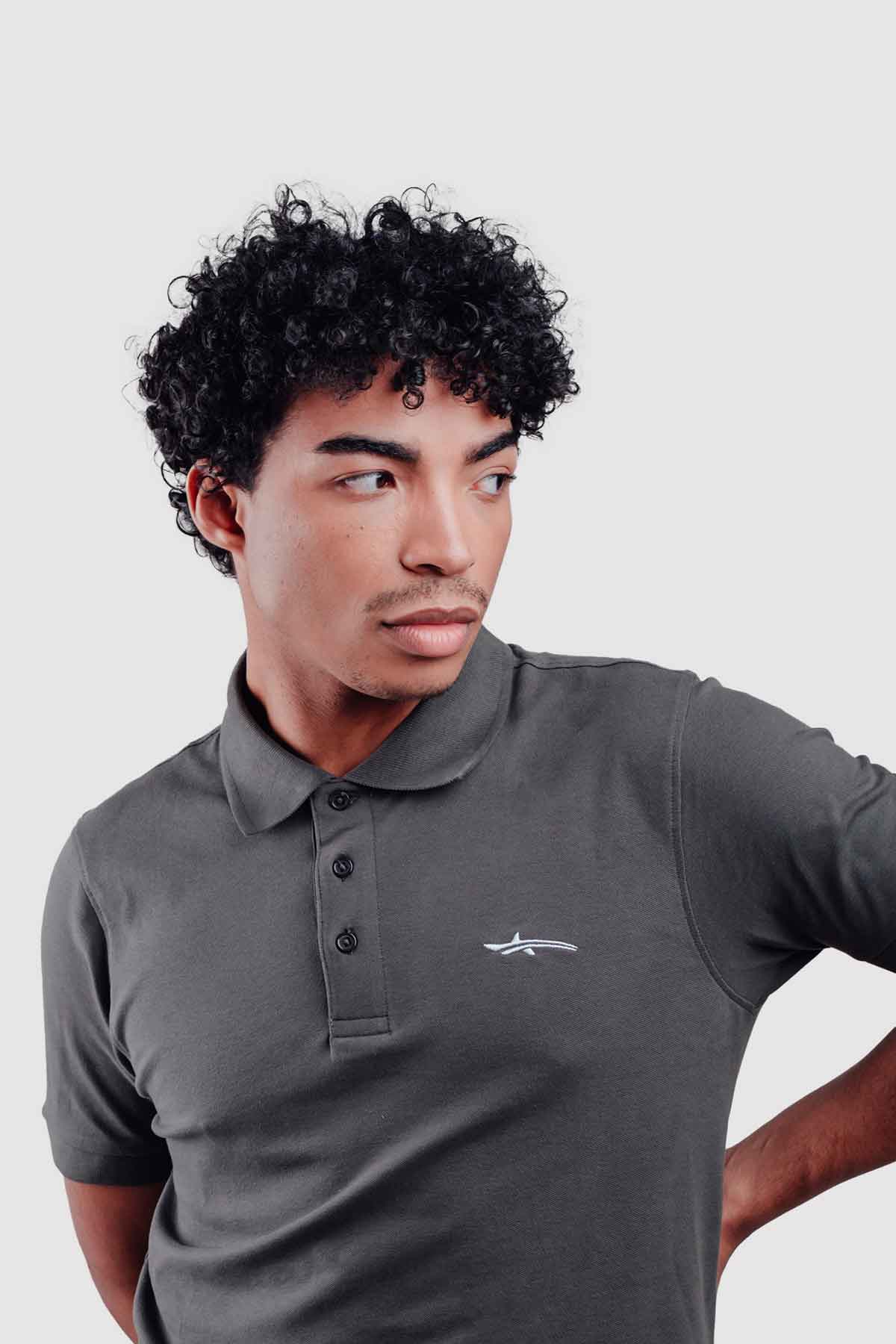 Oceanman grey polo with small shark logo on chest