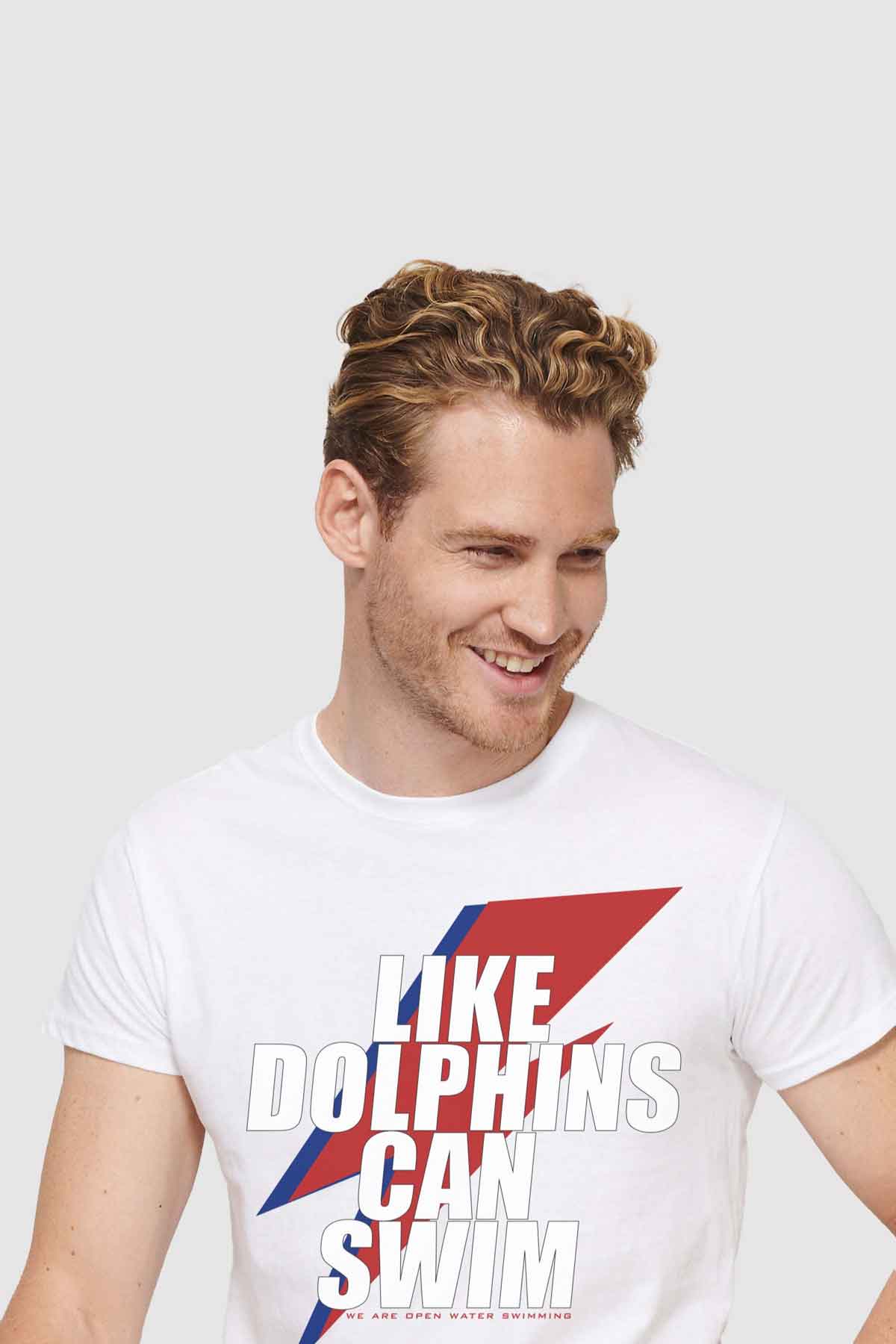 Like dolphins can swim slogan in white for men cotton t shirt