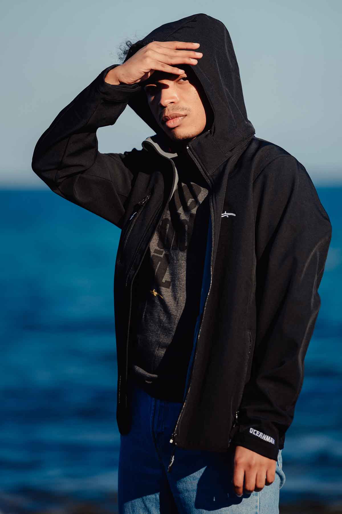model wearing oceanman softshell jacket